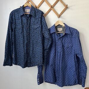 Starr Western mens L pearl snap 2 shirt bundle blue paisley print long sleeve